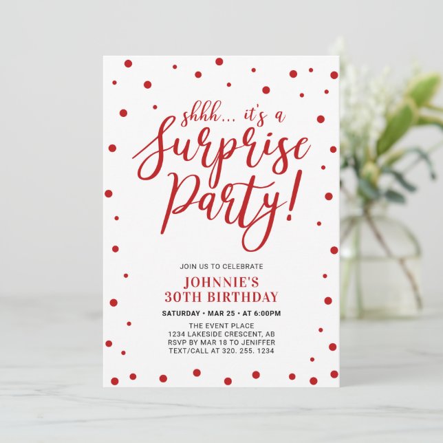Red & White | Surprise Adult Birthday Party Invitation (Standing Front)