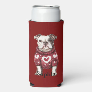 Red White Sweater with hearts Bulldog Seltzer Can Cooler