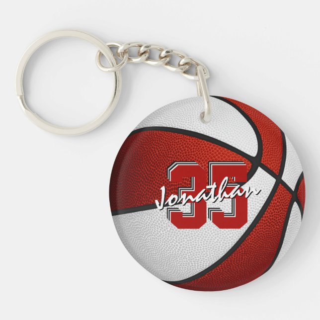 red white team colours boys girls basketball key ring (Front)