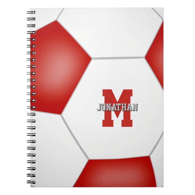 red white team colours boys girls soccer notebook (Front)