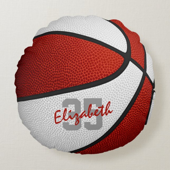 red white team colours girls boys sports basketbal round cushion (Front)