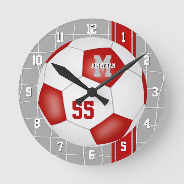 red white team colours varsity stripes soccer round clock (Front)