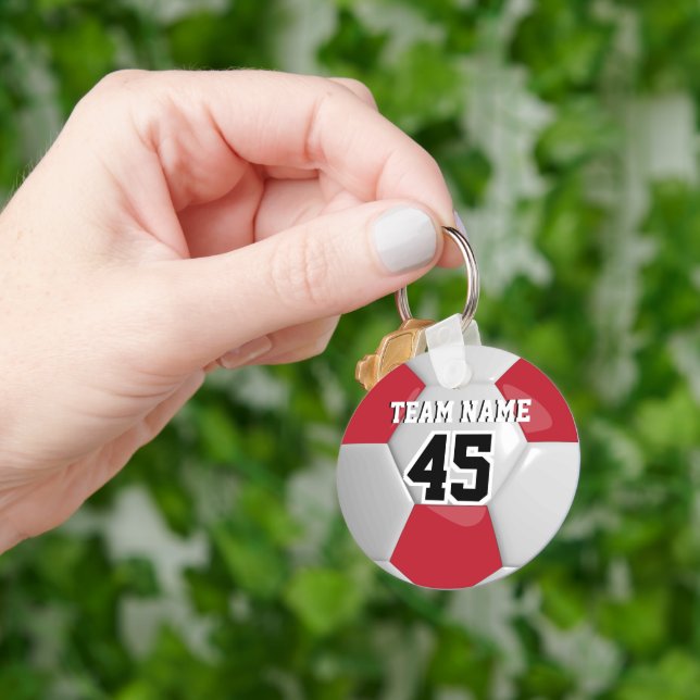 Red & White Team Soccer Ball Key Ring (Hand)