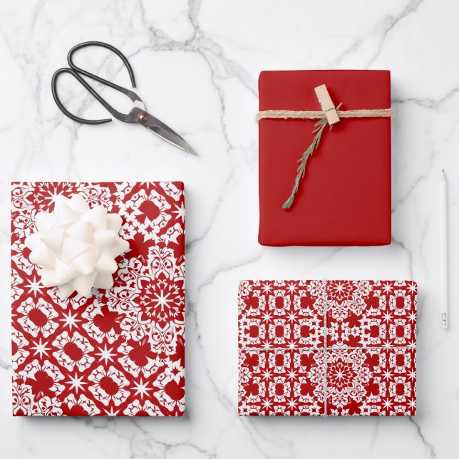 Red & White Tile Pattern Wrapping Paper Sheet (Front)