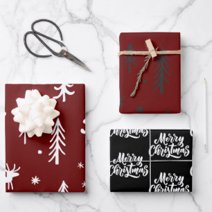Red White Trees Illustrations Christmas Pattern Wrapping Paper Sheet