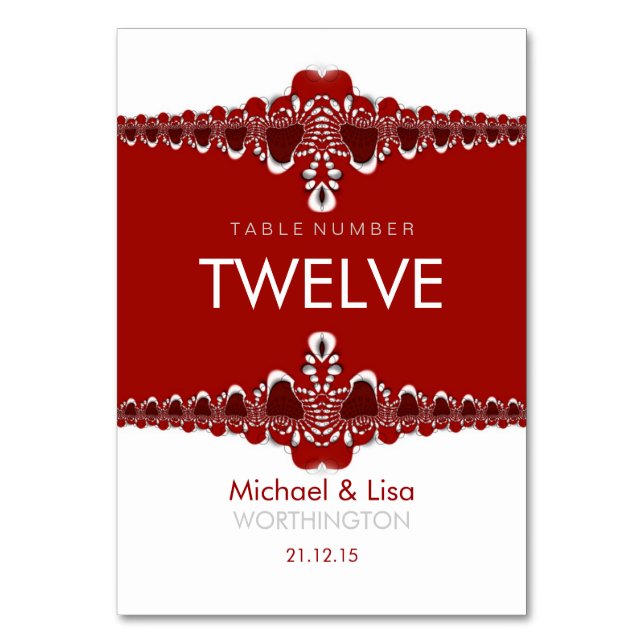 Red+White Tribal Lace Wedding Table Number Card (Front)