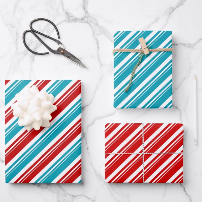 Red White Turquoise Blue Candy Cane Stripe Holiday Wrapping Paper Sheet (Front)