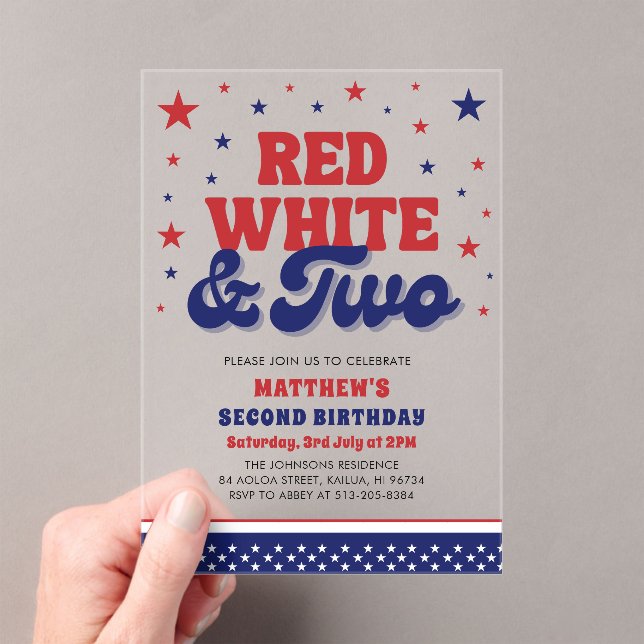 Red, White & Two 4th July 2nd Birthday Party Acrylic Invitations (Insitu (Handheld))