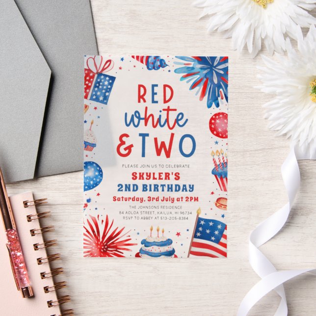 Red, White & Two 4th July 2nd Birthday Party Vellum Invitations (Wedding)