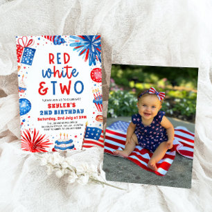 Red, White & Two 4th July 2nd Photo Birthday Party Invitation