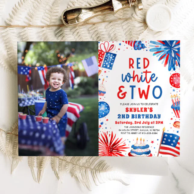 Red, White & Two 4th July 2nd Photo Birthday Party Invitation | Zazzle