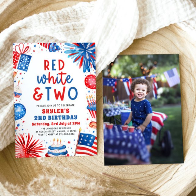 Red, White & Two 4th July 2nd Photo Birthday Party Invitation (Watercolor Fireworks Patriotic 4th July Red, White & Two 2nd Photo Birthday Party Invitation)
