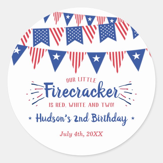 Red, White & Two! 4th Of July 2nd Birthday Classic Round Sticker (Front)
