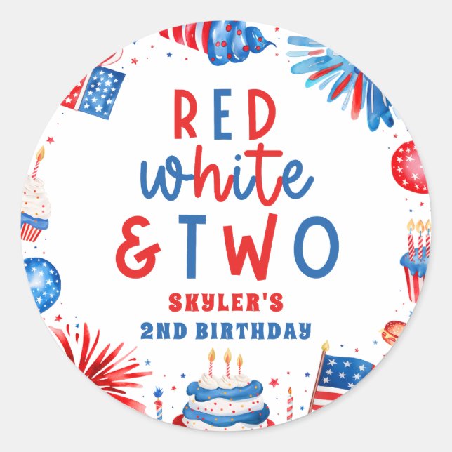 Red, White & Two 4th of July 2nd Birthday Party Classic Round Sticker (Front)
