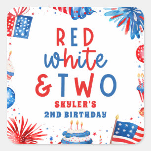 Red, White & Two 4th of July 2nd Birthday Party Square Sticker