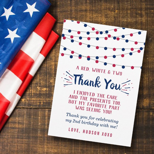 Red, White & Two 4th Of July 2nd Birthday Thank You Card (Creator Uploaded)