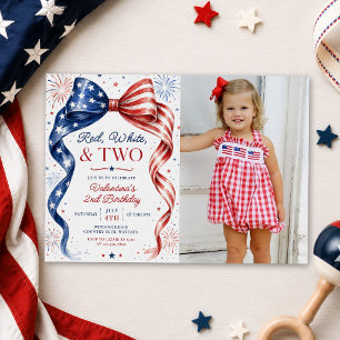 Red White & Two 4th of July Girl Birthday Photo Invitation