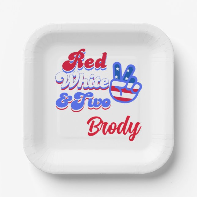 Red White & Two Custom 2nd Birthday Paper Plates (Front)