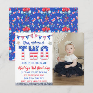 Red White & Two Fourth of July Photo Birthday Invitation