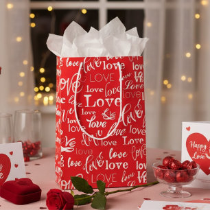 Red & White Typography "Love" Pattern Valentine's Medium Gift Bag