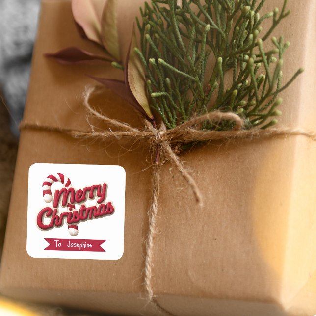 Red & White Typography Merry Christmas Name  Square Sticker (Creator Uploaded)