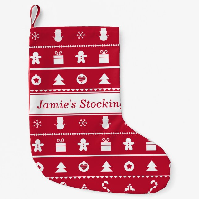 Red White Ugly Christmas Sweater Icons Pattern Small Christmas Stocking (Front)