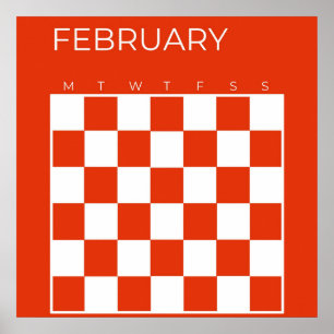 Red White Undated Chequered February Calendar Poster