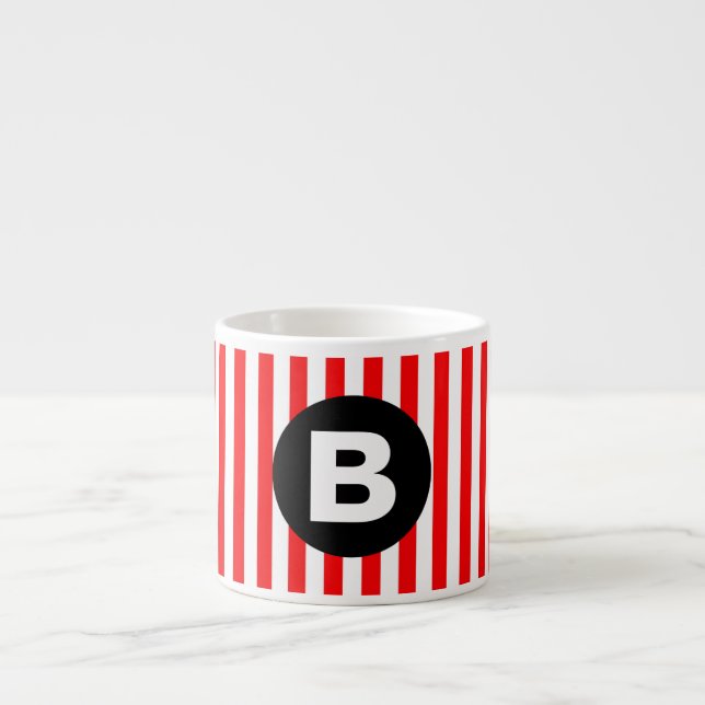 Red White Vertical Stripes Black Monogram Espresso Cup (Front)