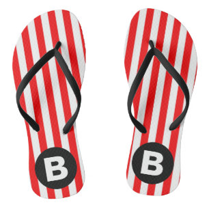 Red White Vertical Stripes Black Monogram Flip Flops