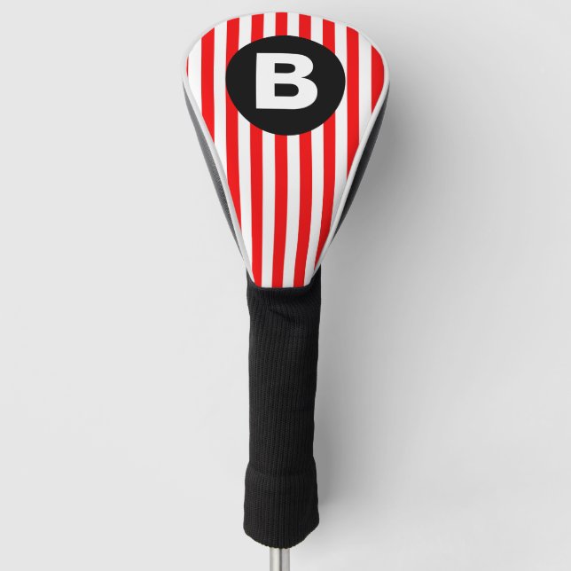 Red White Vertical Stripes Black Monogram Golf Head Cover (Front)