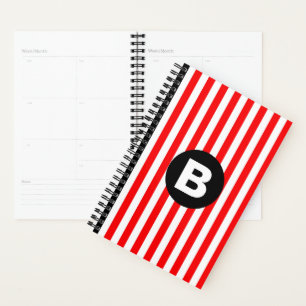 Red White Vertical Stripes Black Monogram Planner