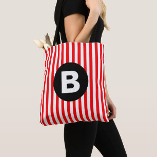 Red White Vertical Stripes Black Monogram Tote Bag
