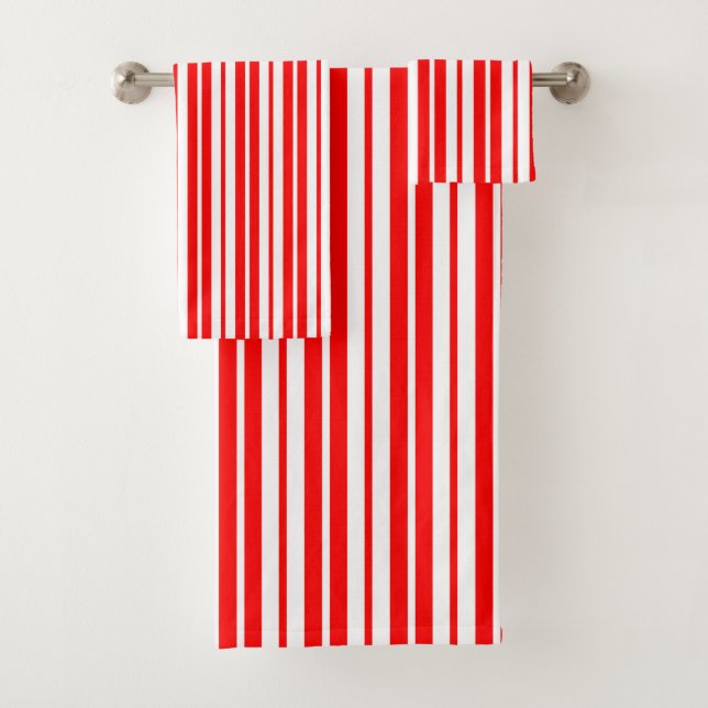 Red White Vertical Stripes Pattern Design Bath Towel Set (Insitu)