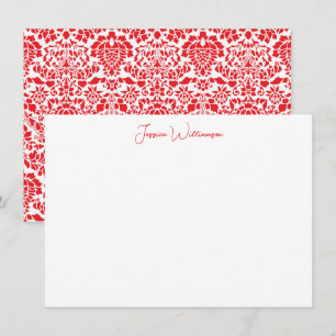 Red White Vintage Damask Floral Personalised Name Card