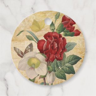 Red & White Vintage Floral Bouquet Favour Tags