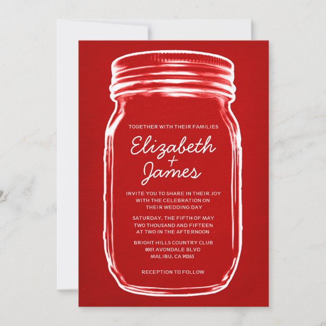 Red & White Vintage Mason Jar Wedding Invitations (Front)