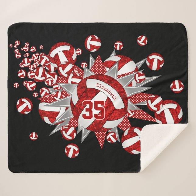 red white volleyballs stars girls custom name sherpa blanket (Front (Horizontal))