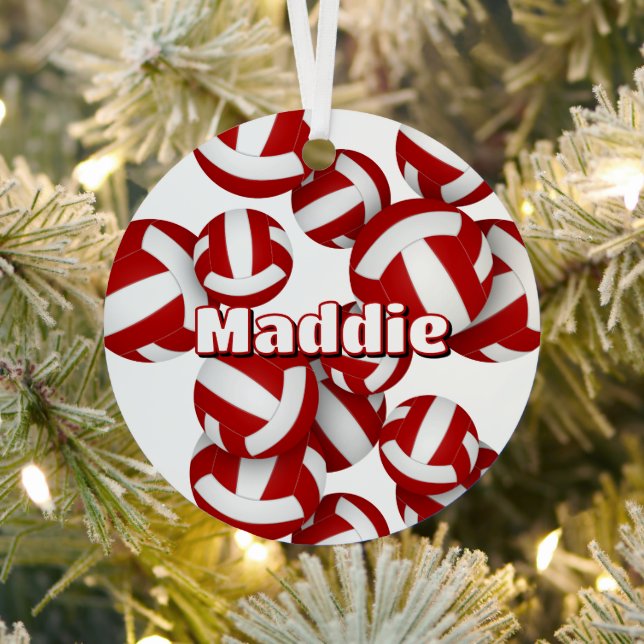 red white volleyballs w athlete name keepsake metal tree decoration (Insitu)