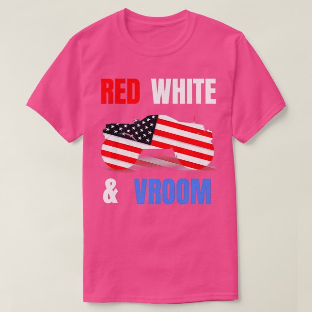 Red White Vroom Monster Truck Lover American Flag  T-Shirt (Design Front)