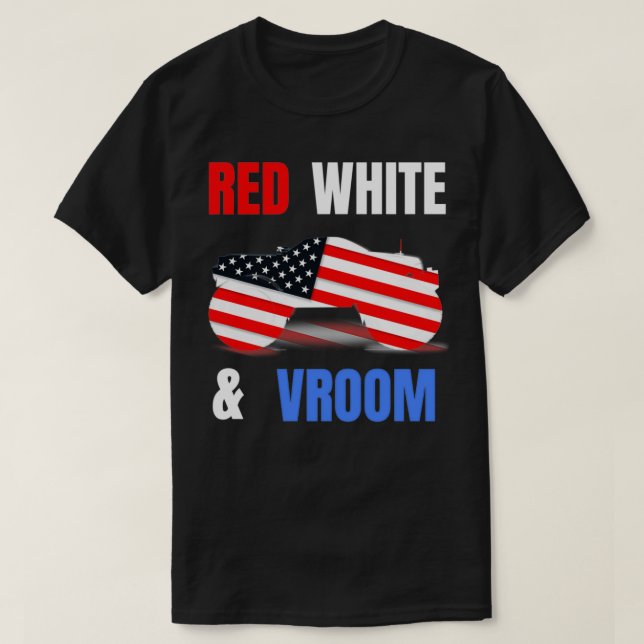Red White Vroom Monster Truck Lover American Flag  T-Shirt (Design Front)