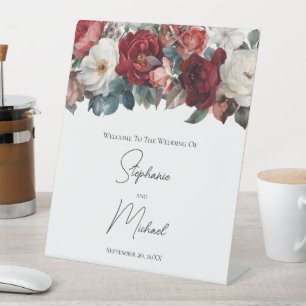 Red White Watercolor Floral Elegant Wedding Sign