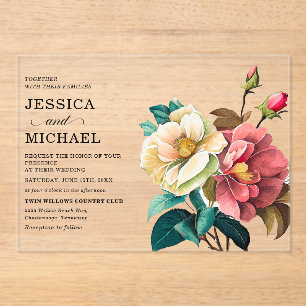 Red White Watercolor Floral Wedding Acrylic Invitations