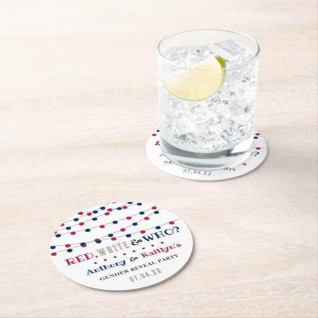 Red, White & Who? 4th Of July Gender Reveal Party Round Paper Coaster (Insitu)