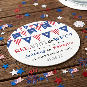 Red, White & Who? 4th Of July Gender Reveal Party Round Paper Coaster