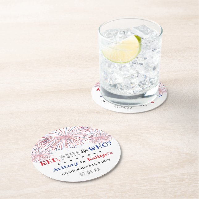 Red, White & Who? 4th Of July Gender Reveal Party Round Paper Coaster (Insitu)