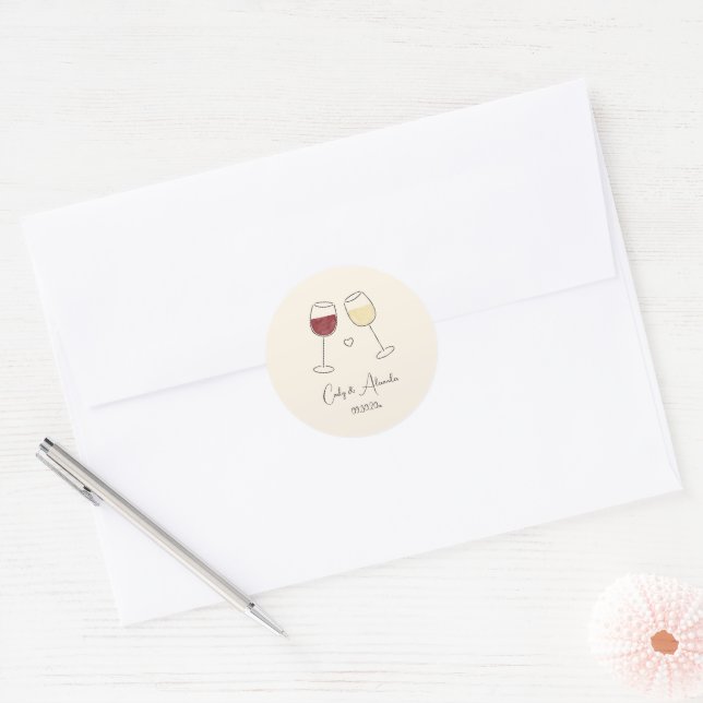 Red White Wine Glass Wedding Favour Envelope Classic Round Sticker (Envelope)