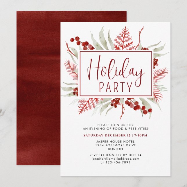 Red White Winter Botanical Holiday Party Invitation (Front/Back)