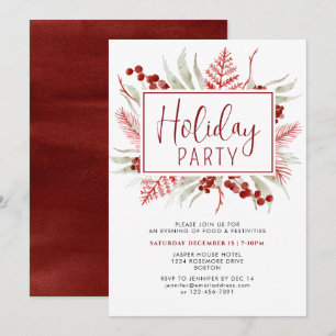 Red White Winter Botanical Holiday Party Invitation