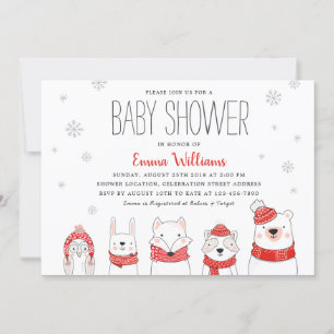 Red White Winter Snow Woodland Animals Baby Shower Invitation