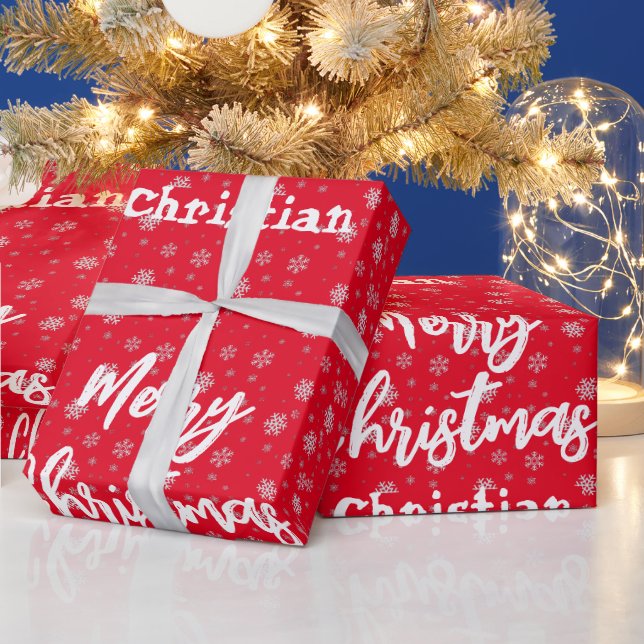 Red White Winter Snowflake Pattern Merry Christmas Wrapping Paper (Holidays)